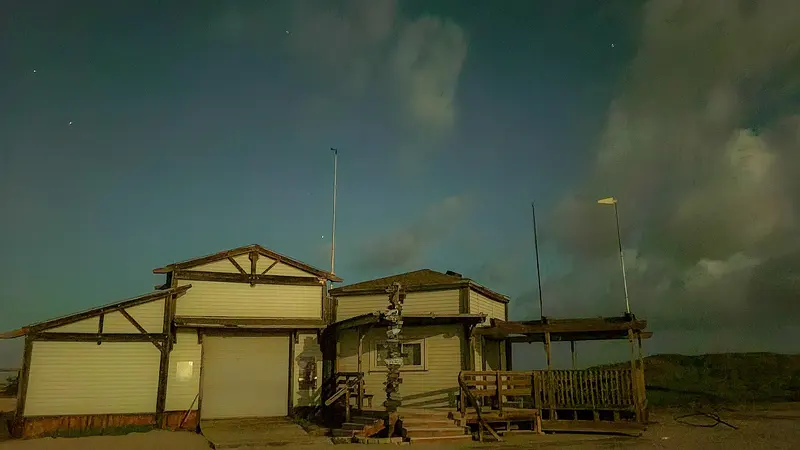 Building at Bird Island Basin Campground at dawn, Padre Island National Seashore