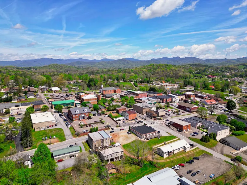 Aerial view of downtown Franklin, North Carolina, in Macon County