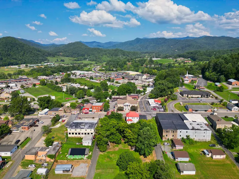 Aerial photo of downtown Robbinsville, North Carolina, in Graham County